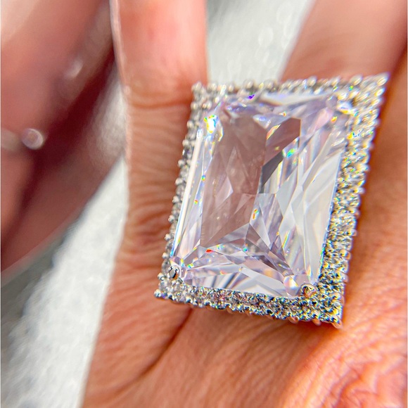 Enormous Radiant Cut Cubic Zirconia Cocktail Ring with Round Stones - Picture 1 of 7